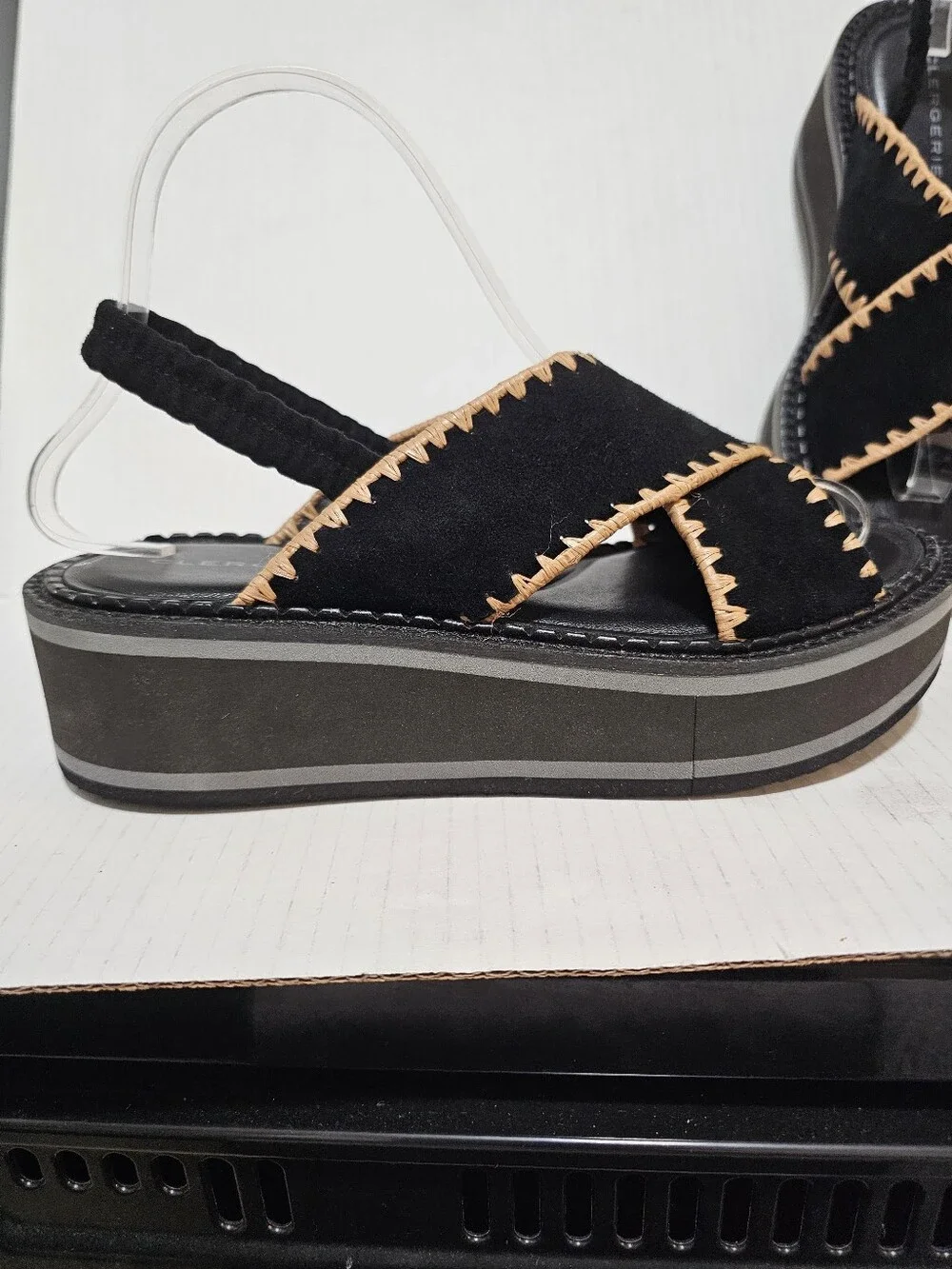Clergerie Paris Freedom Black Suede Platform Slingback Sandals Whipstitch Sz 37